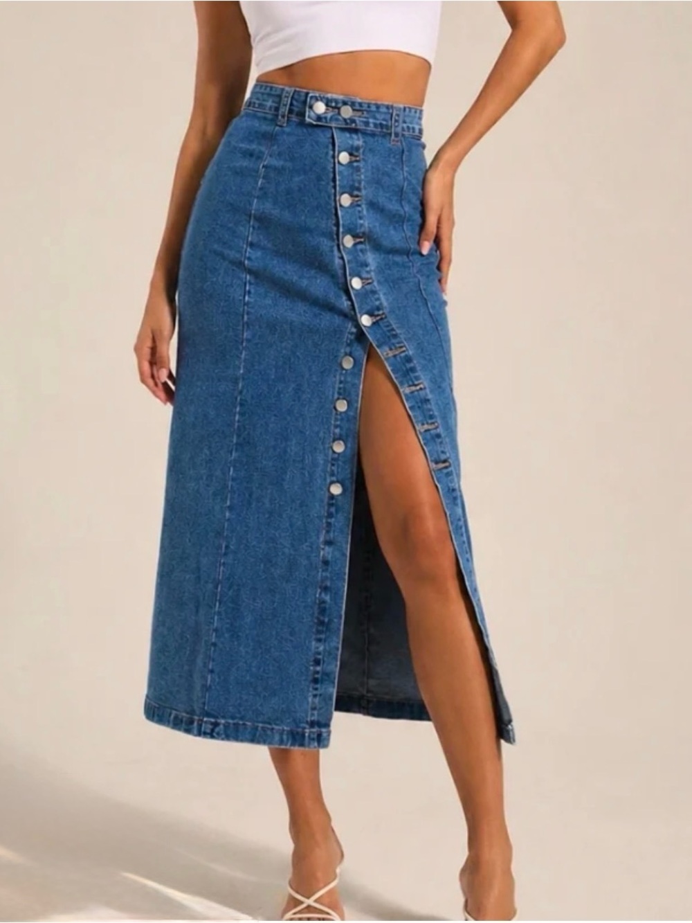 Denim Midi Skirt S US 4 Light Wash Button Front Straight Y2K 90s SHEIN